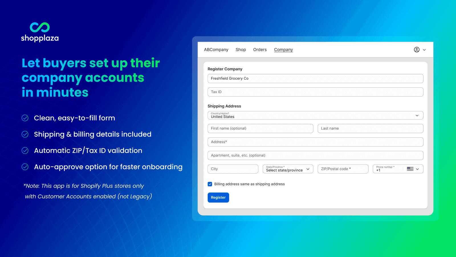 Let buyers set up their company accounts in minutes