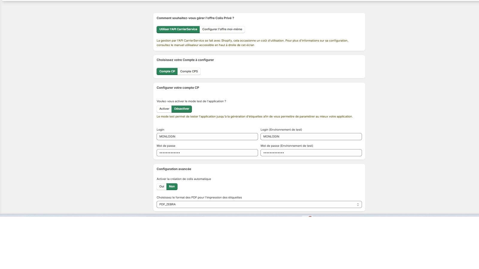 onglet de configuration du compte