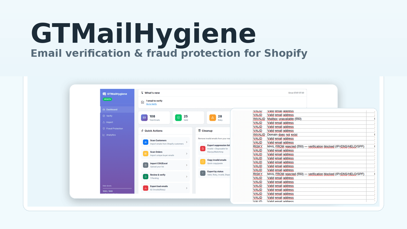 Email verification dashboard with valid, risky, invalid statuses