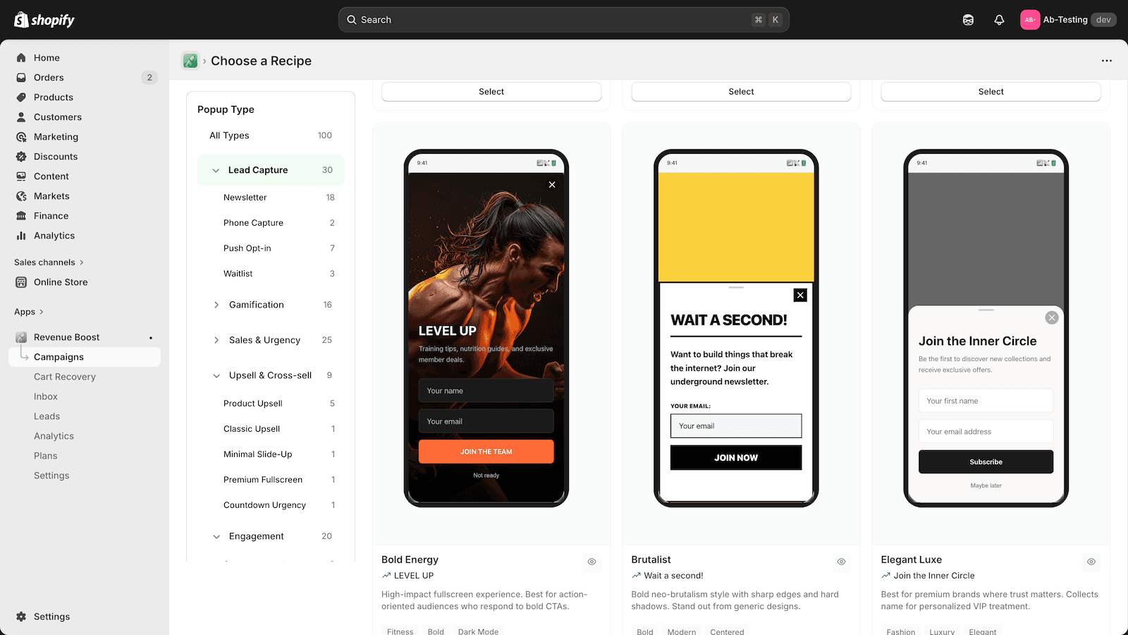 Popup template gallery with multiple styles