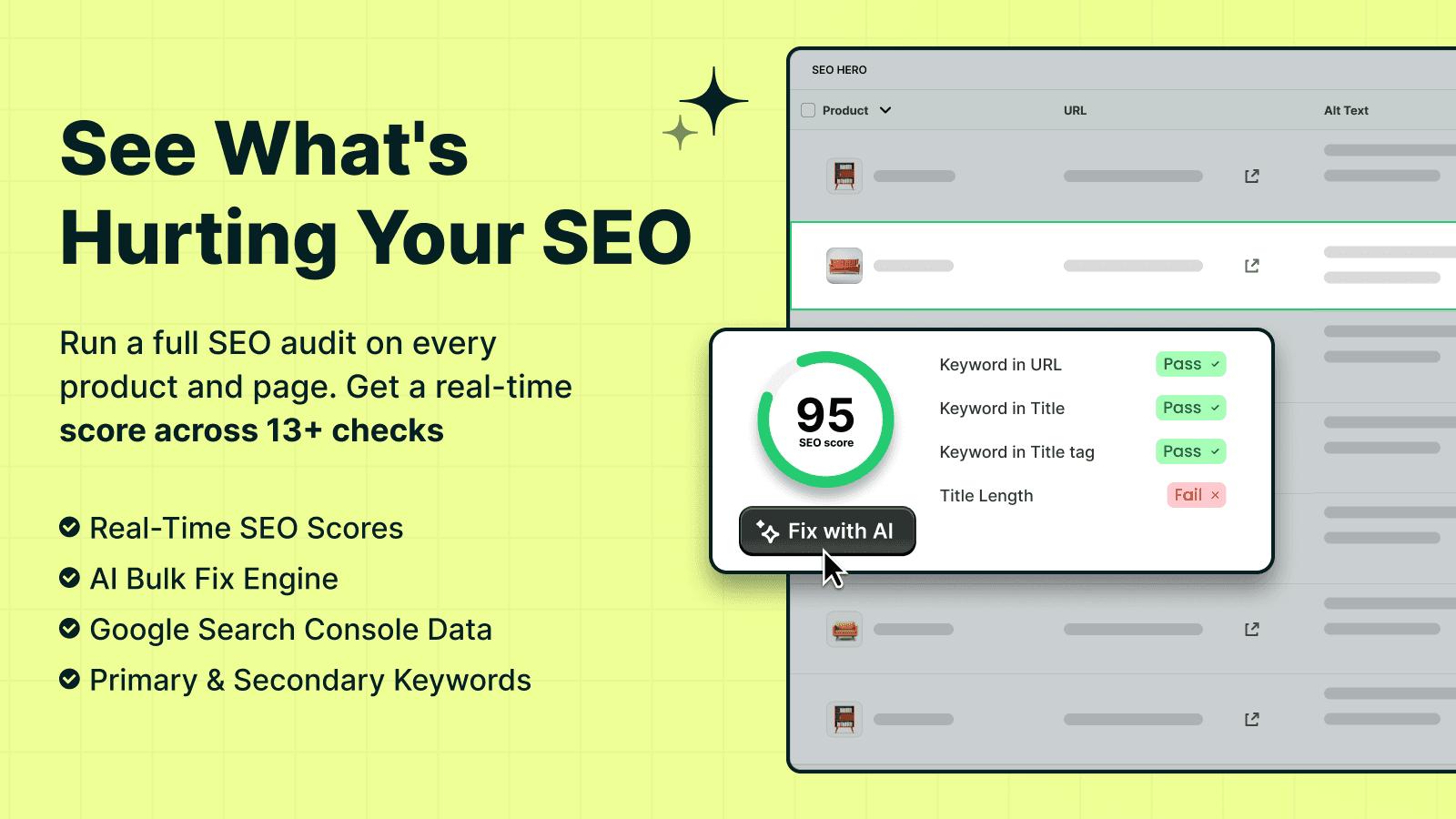 AI SEO audit tool showing real-time score and fix