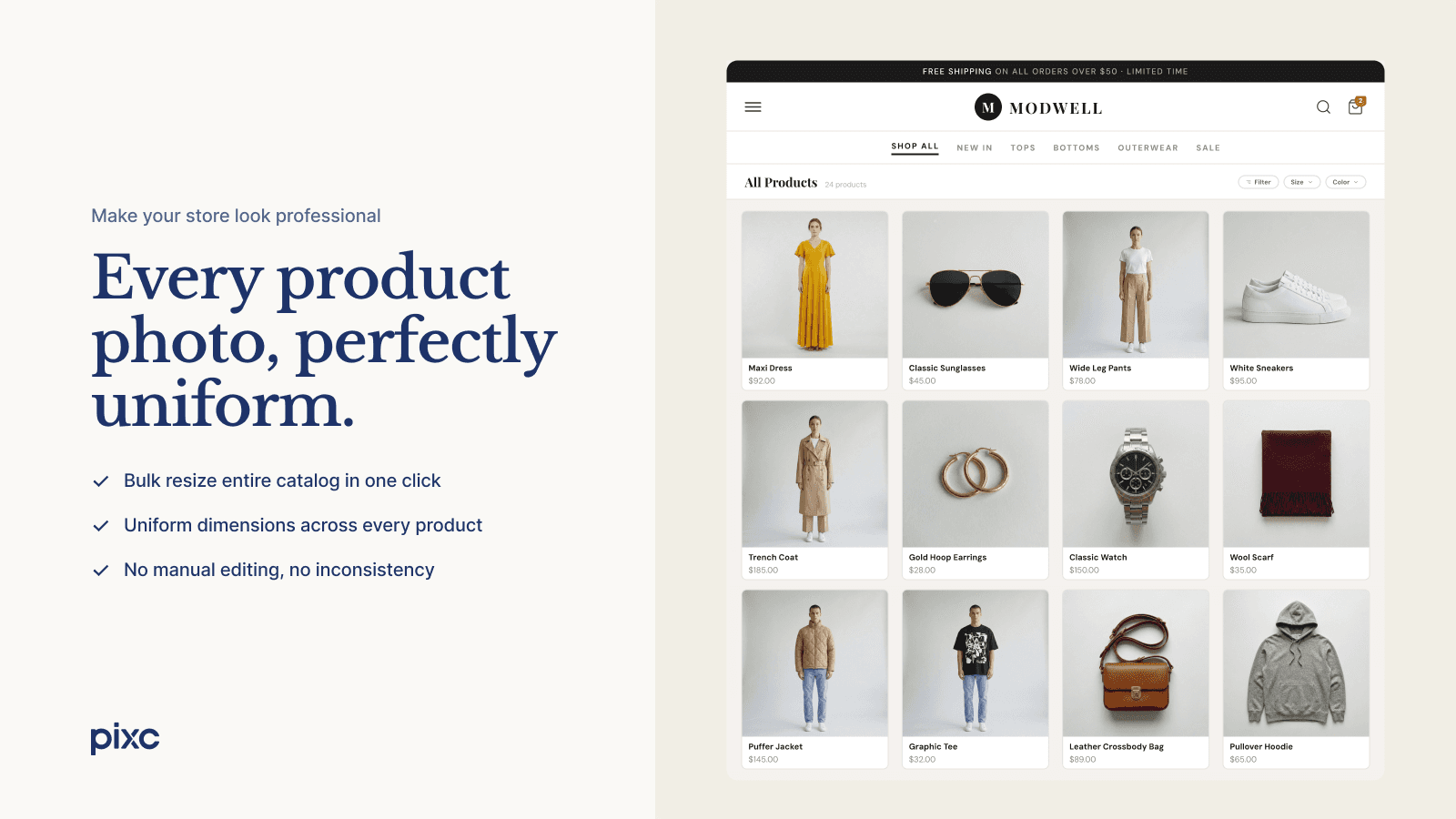 Uniform product grid on Shopify storefront after Pixc resize