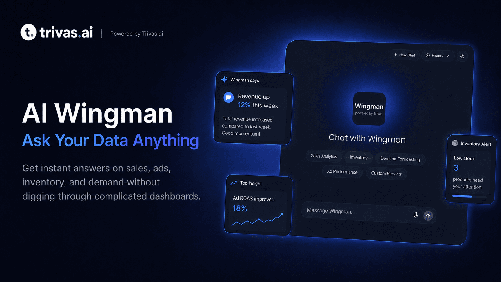 Trivas.ai AI Wingman interface displaying conversational analyti