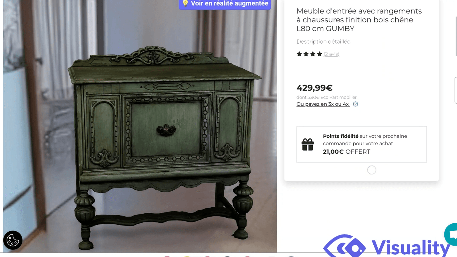 Visuality 3D viewer embedded on a Shopify product page.