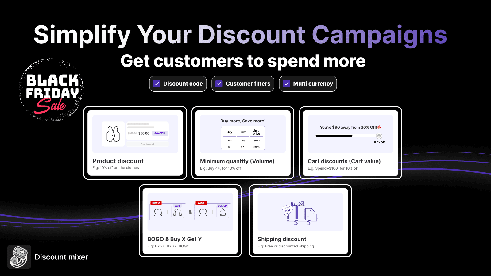 Discount Mixer: product, volume, cart,BOGO,and shipping discount