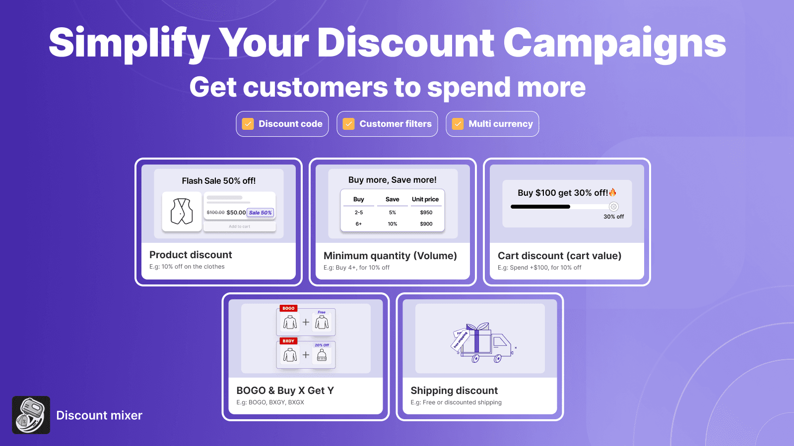 Discount Mixer: product, volume discount, BOGO, Freegift