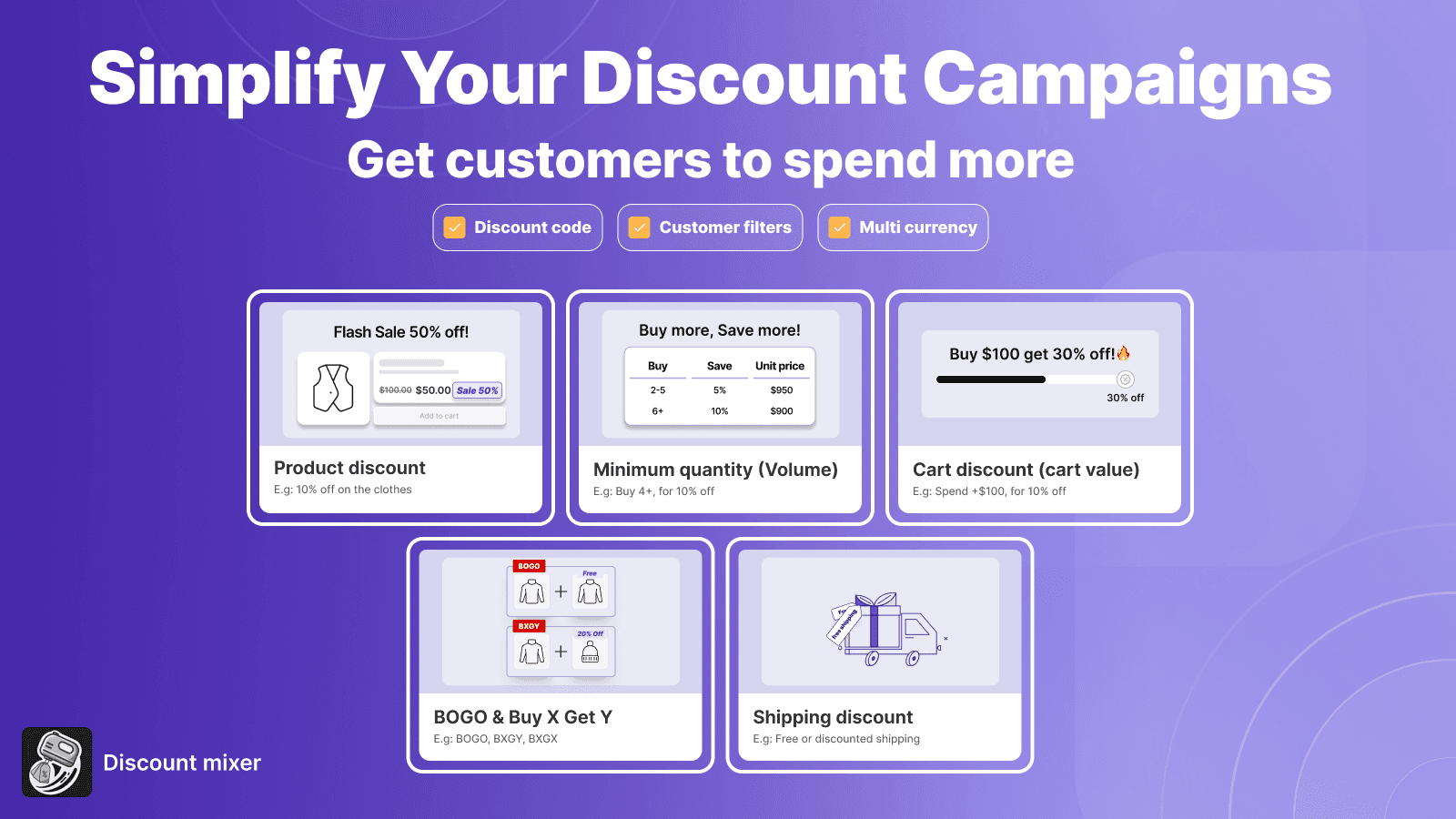 Discount Mixer: product, volume discount, BOGO, Freegift
