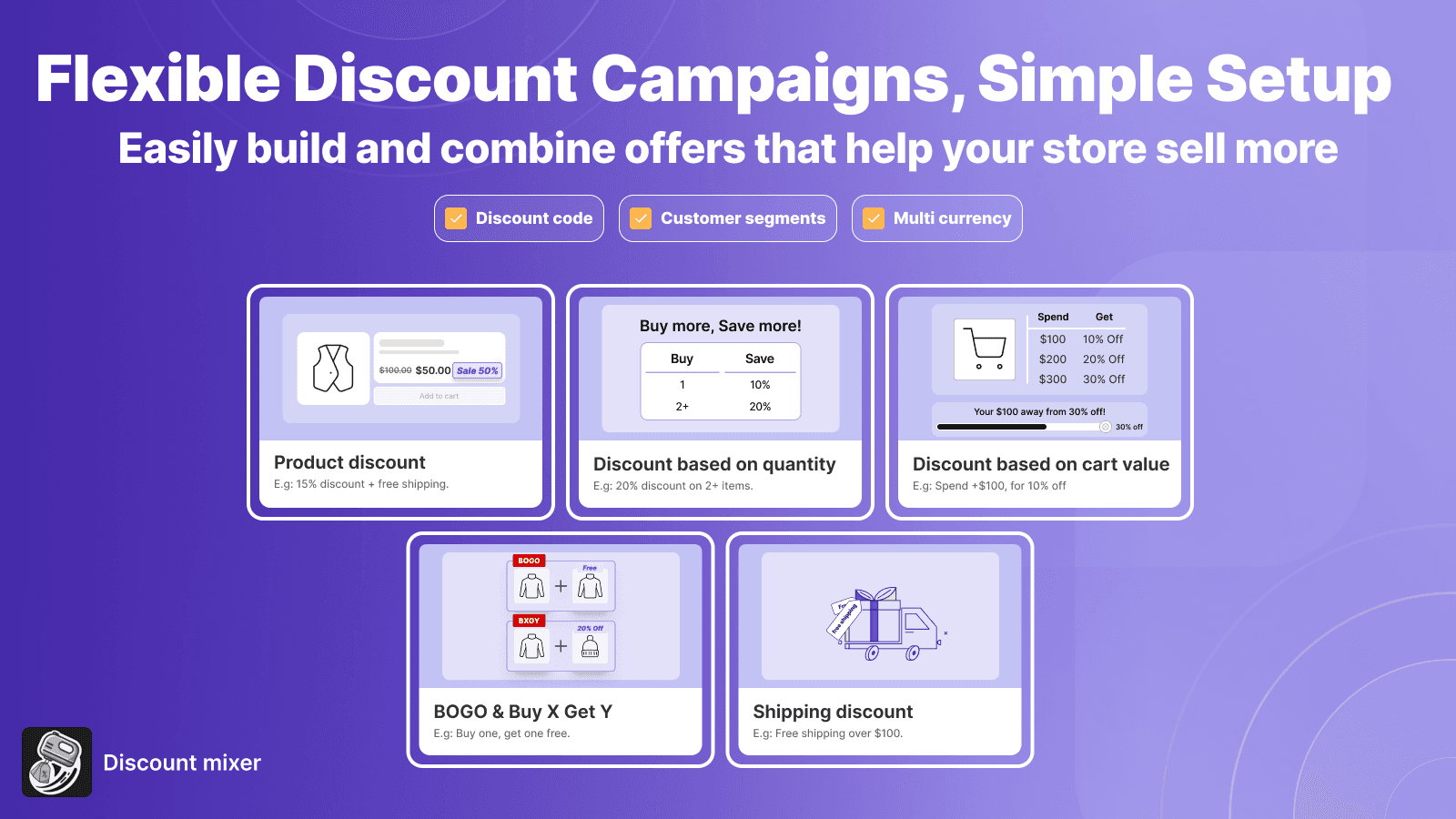 Discount Mixer: product, volume discount, BOGO, Freegift