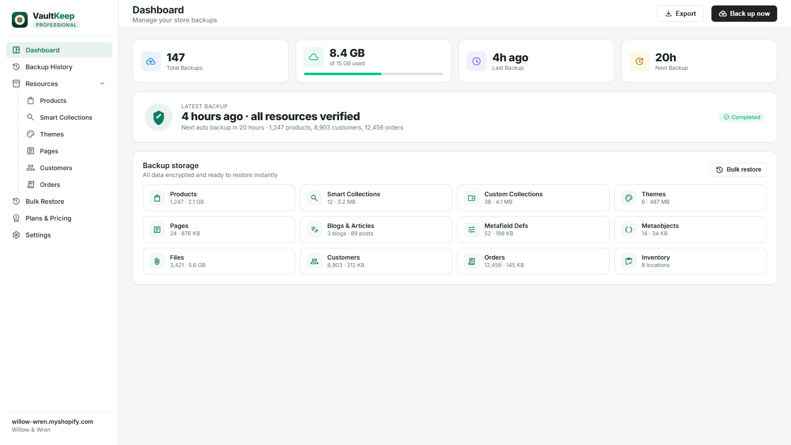 VaultKeep dashboard — backups, storage, and resources