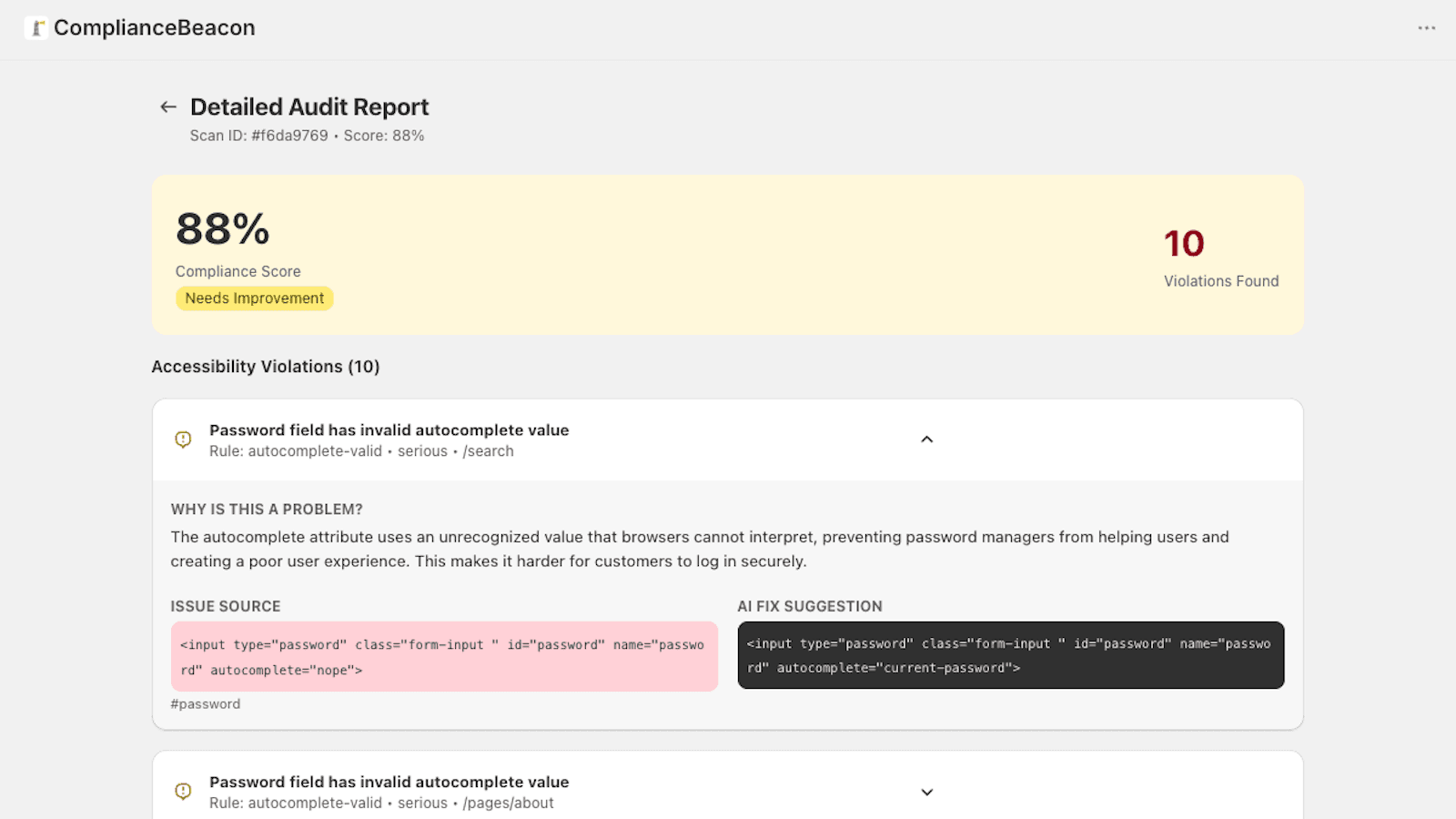 Detailed audit report with AI code fix