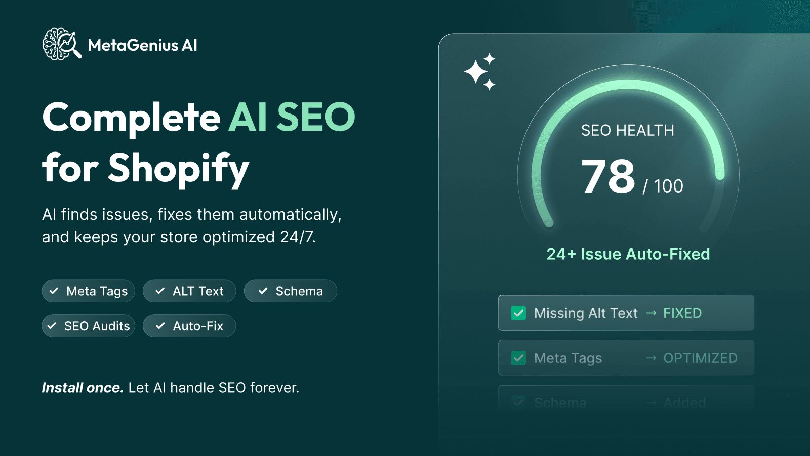 MetaGenius AI SEO health dashboard with store score and auto-fix