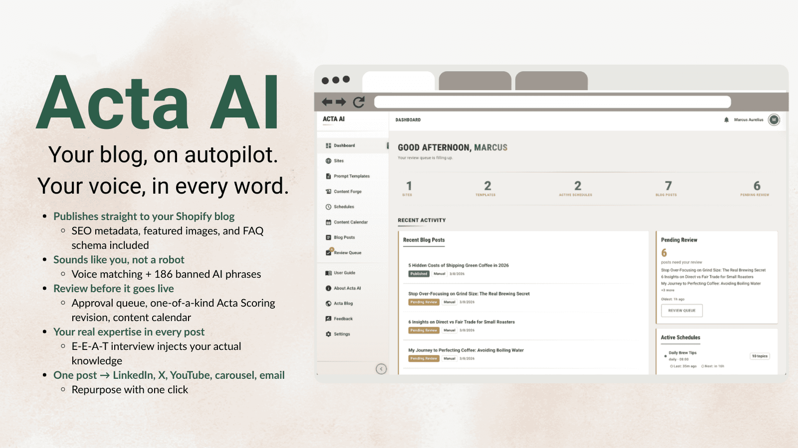 Dashboard showing overview stats, recent posts, & other stats