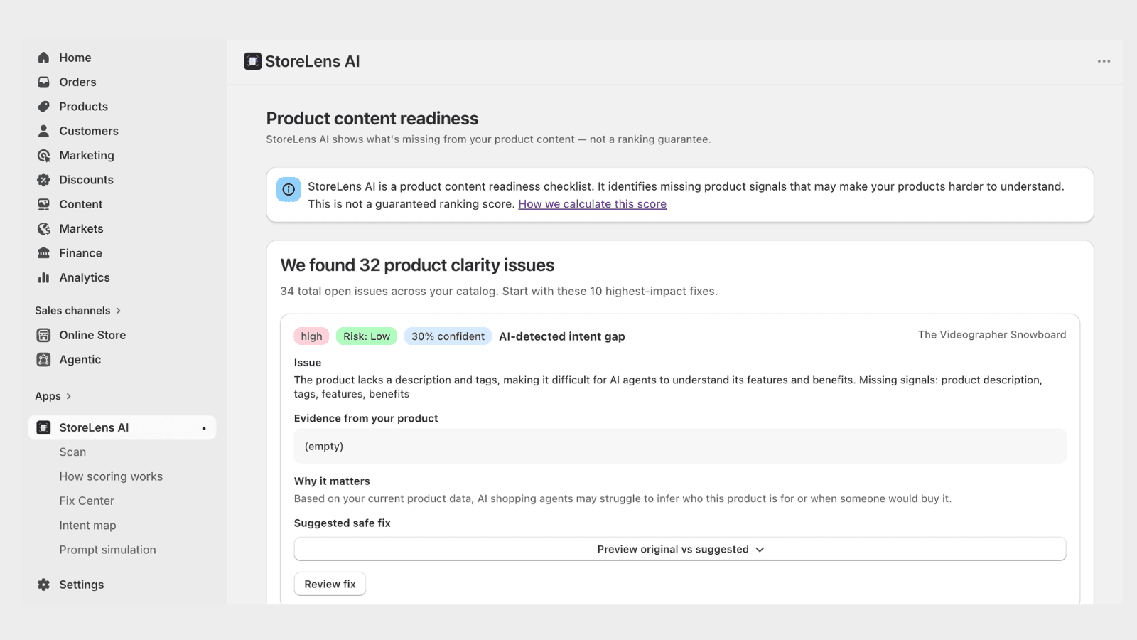StoreLens AI readiness dashboard and product audit score