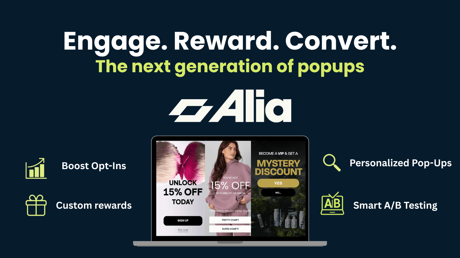 Alia popup app: boost opt-ins, rewards, personalization, A/B tes