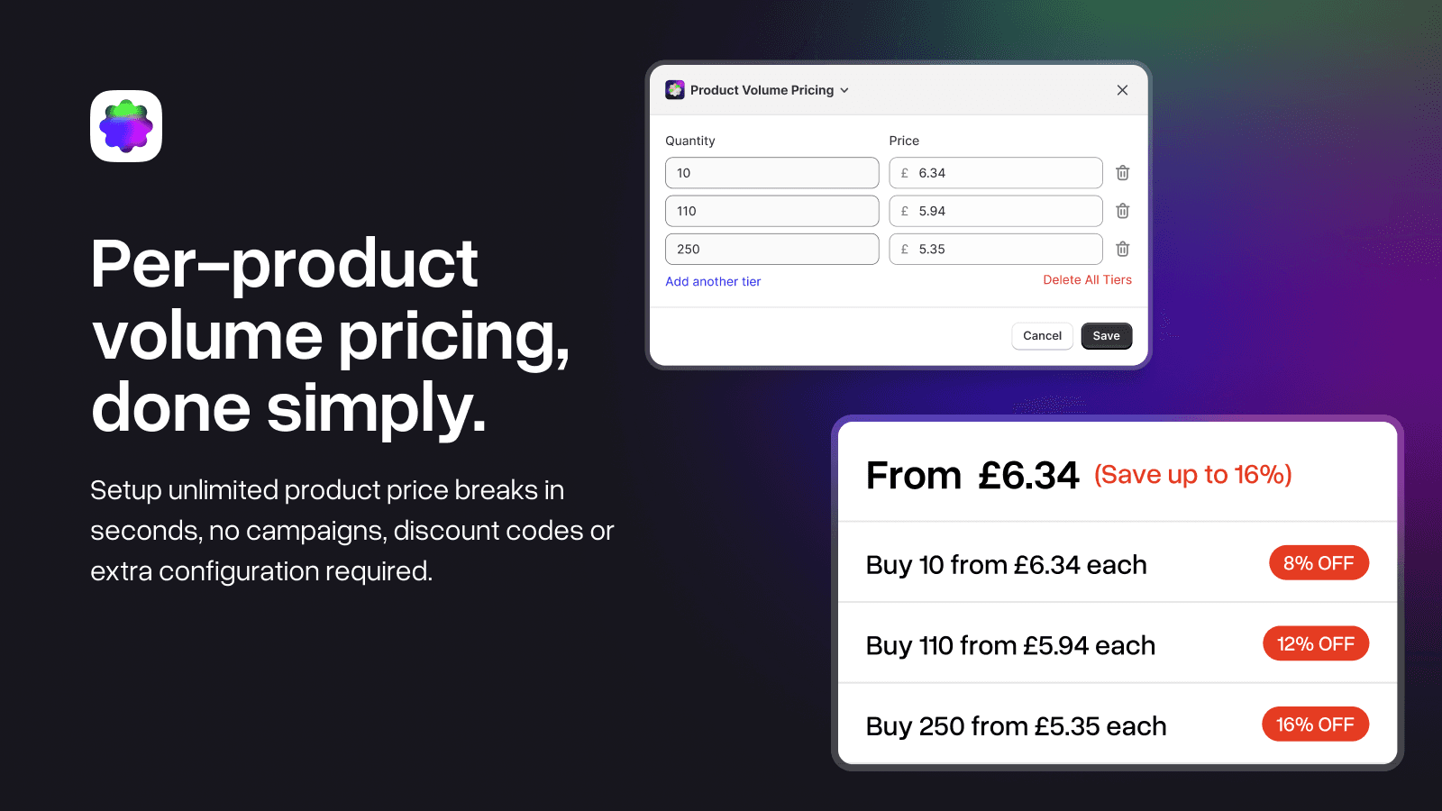 MNML Volume Pricing app showing per-product quantity pricing set