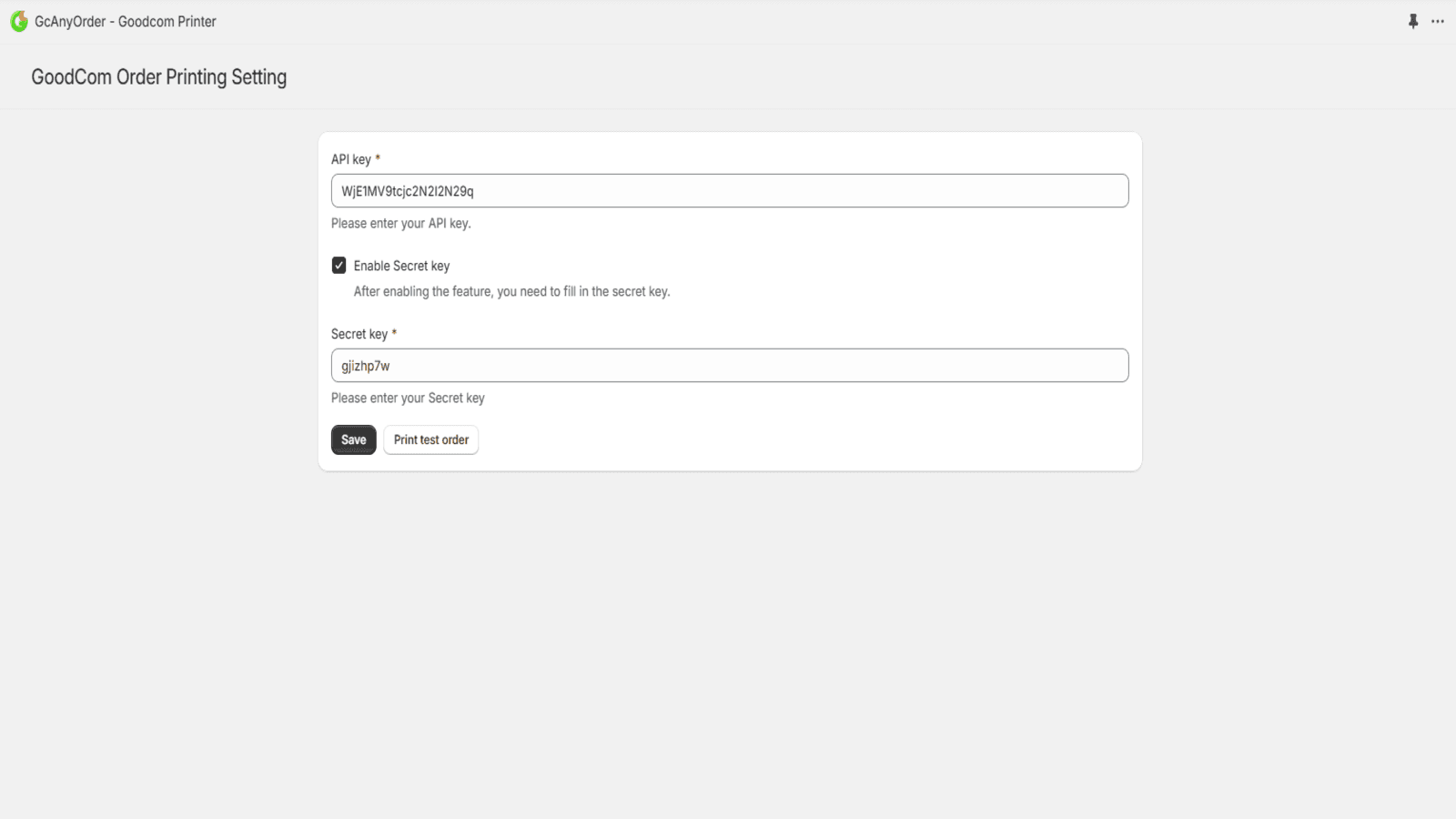 Settings page to configure order printing key.