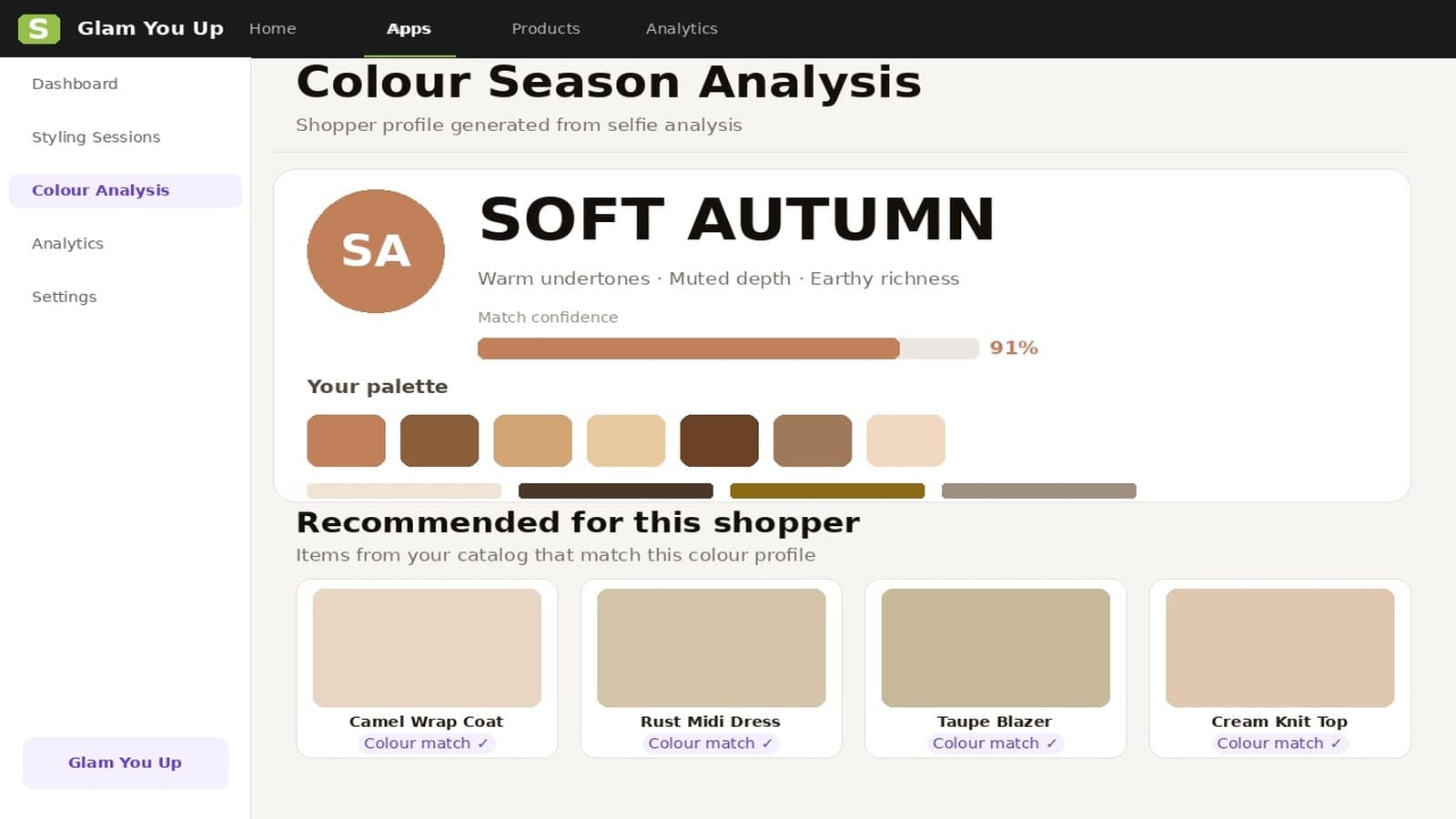 AI colour season analysis result with matched product palette