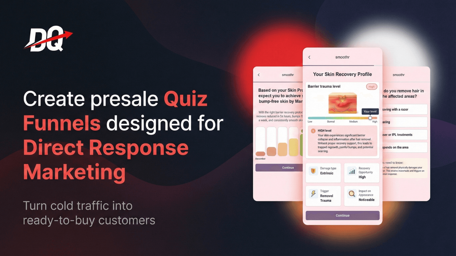 Hero image showing quiz funnel builder with three app screens