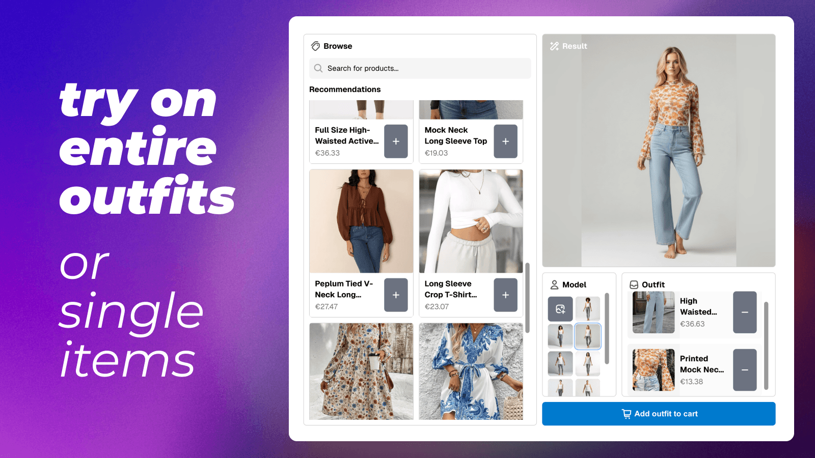 Try on entire outfits or single items with AI virtual try-on