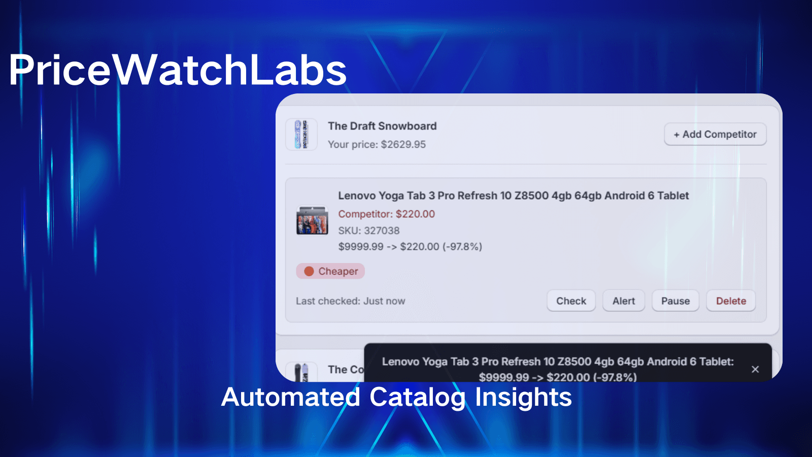 Automated competitor catalog insights and dashboard UI.