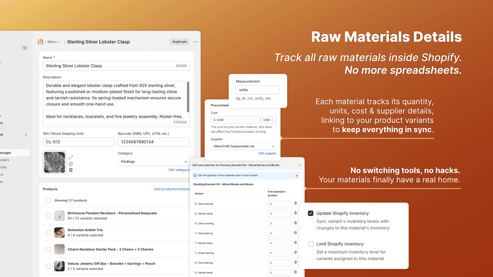 Interface for managing raw materials in Shopify