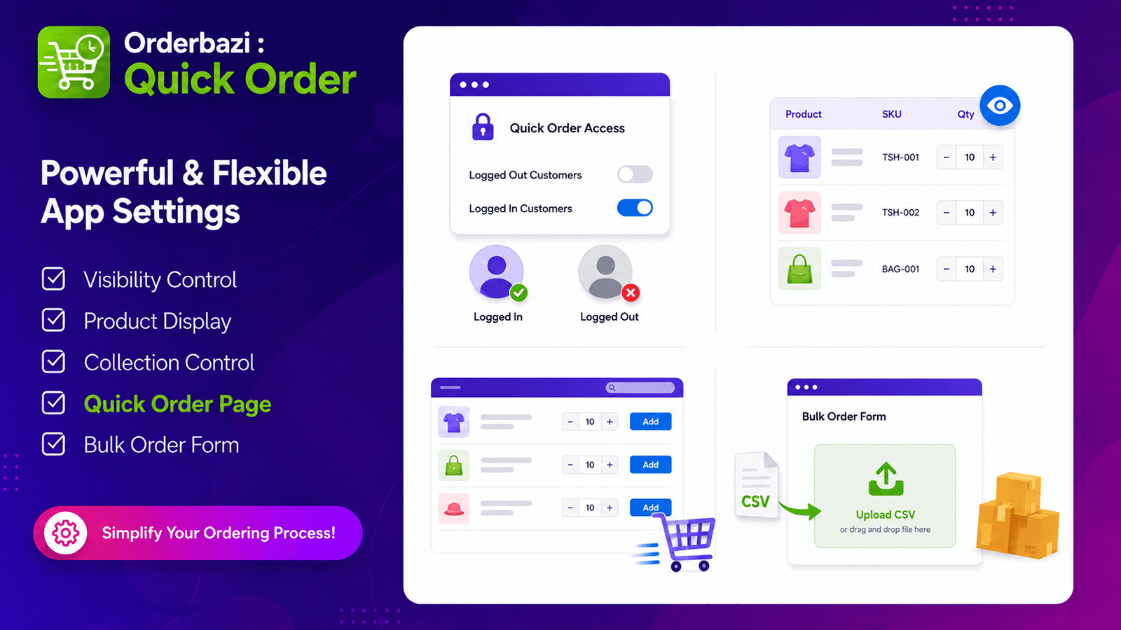 Orderbazi quick order settings and bulk order features