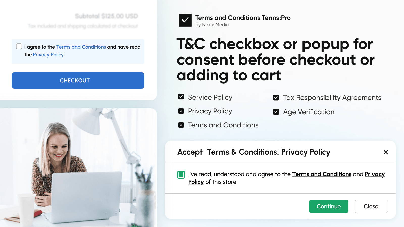 Terms and Conditions consent popup. Agree to Terms checkbox