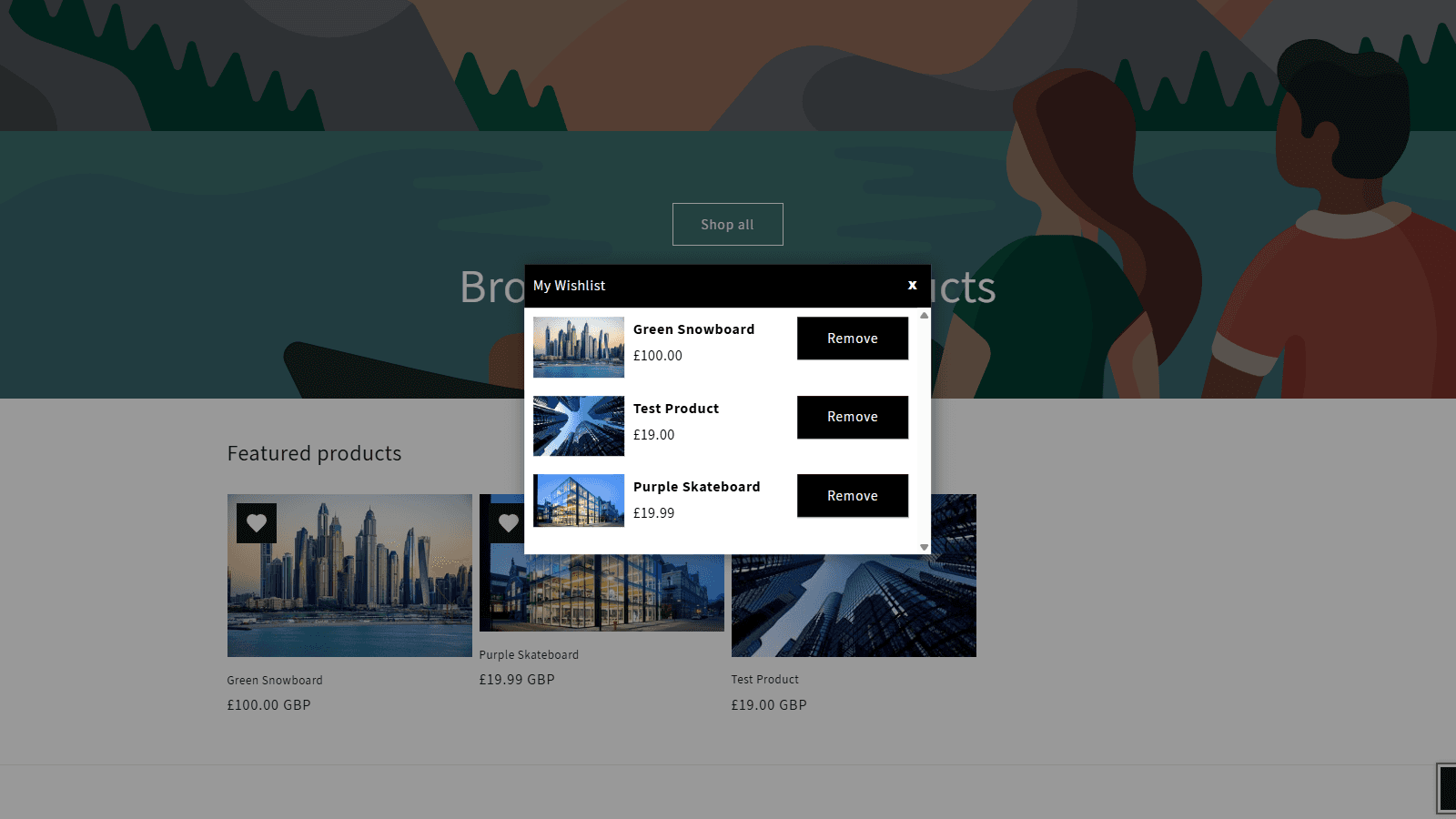 Example of an open wishlist modal.