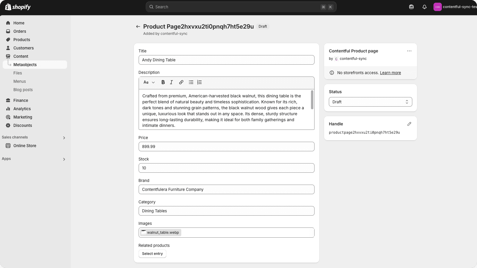 Contentful Product content in Shopify metaobject