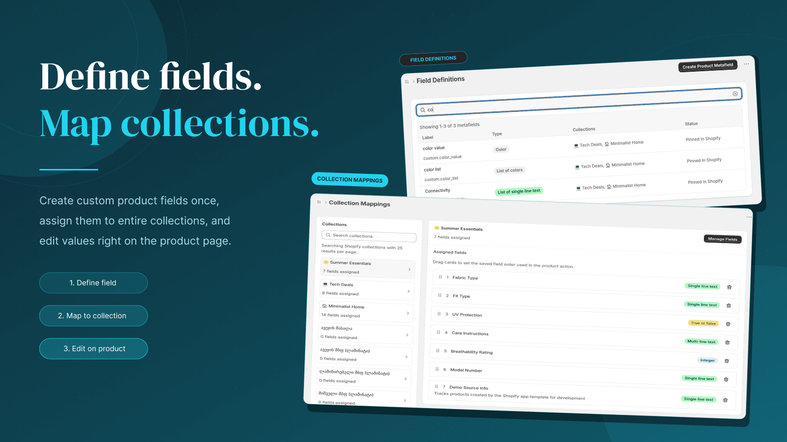 Define custom product fields and map them to collections