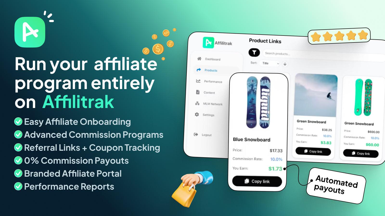 Affiliate programs with referral links and commission tracking