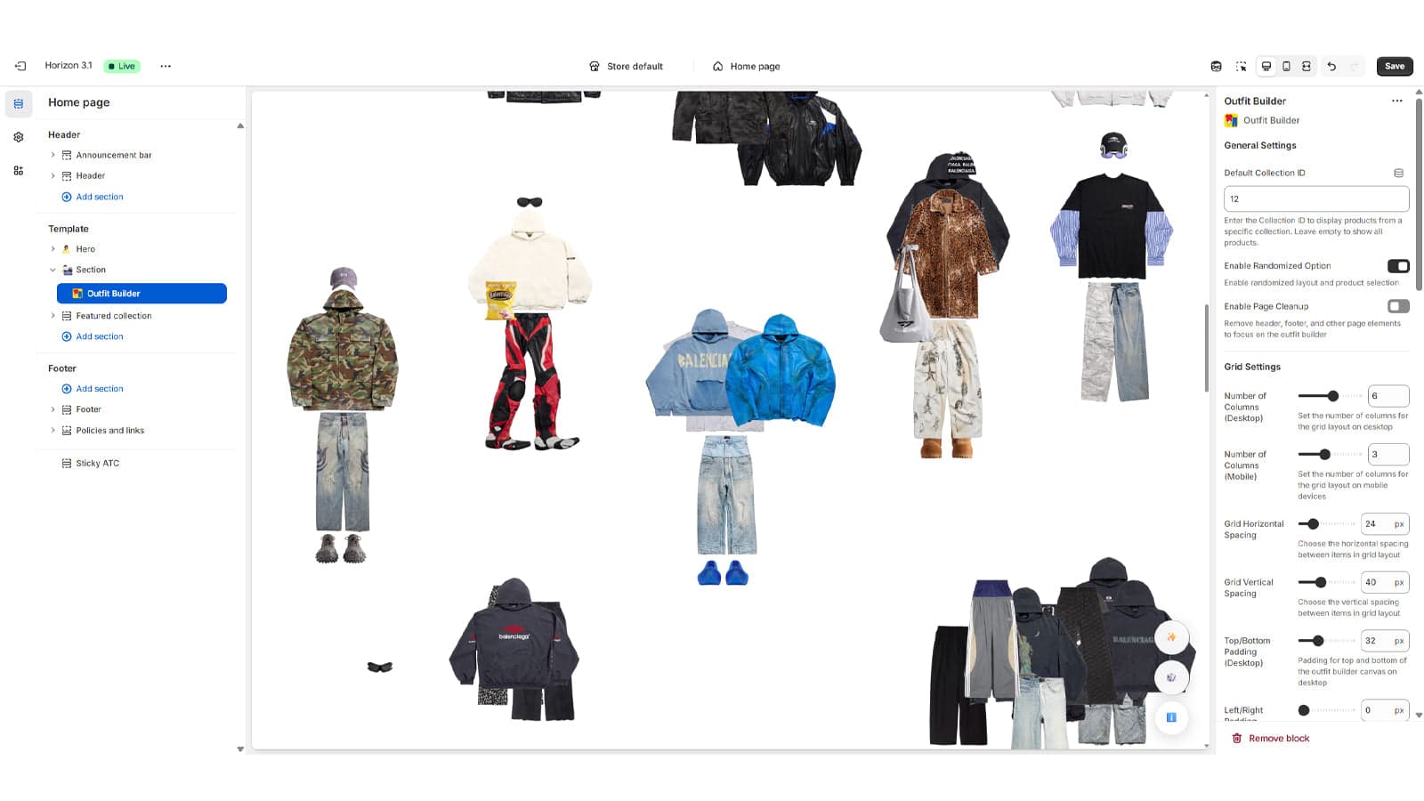 The original Outfit Builder grid layout, with menu and features