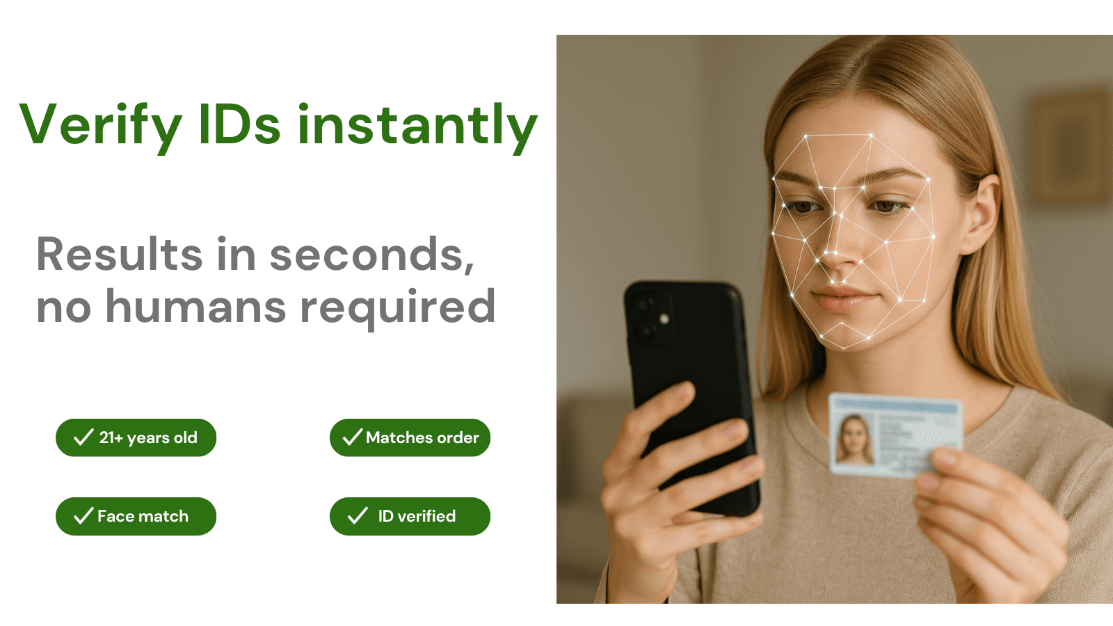 Real ID instantly verifies your customer's ID and selfie with AI