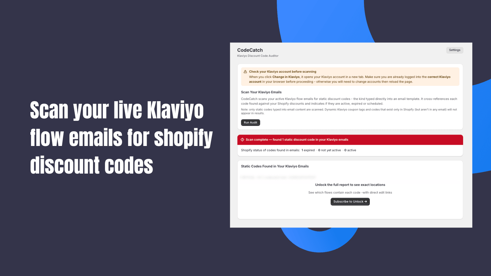 Scan your live Klaviyo flow emails for shopify discount codes