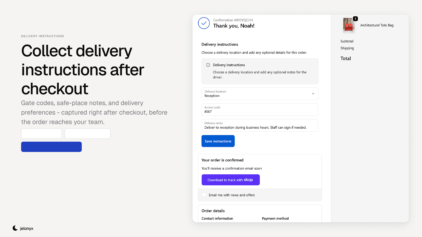 Delivery instructions form after checkout