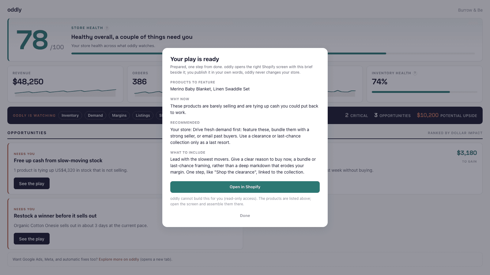 oddly action card: wasted ad spend found, with the exact fix