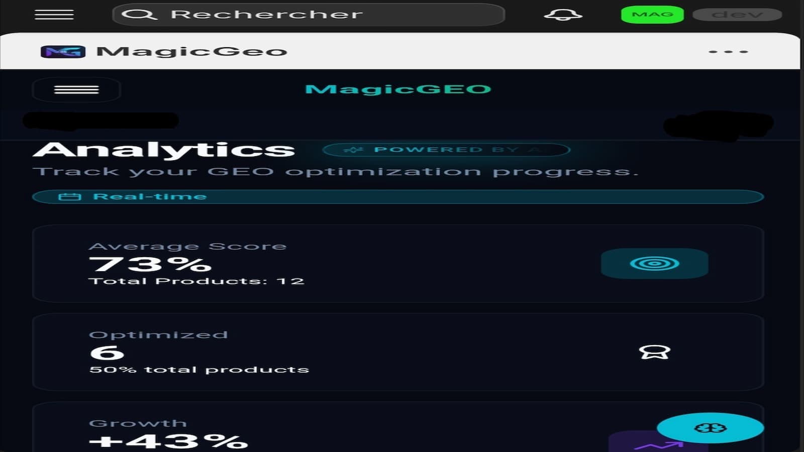 MagicGeo analytics dashboard showing GEO score