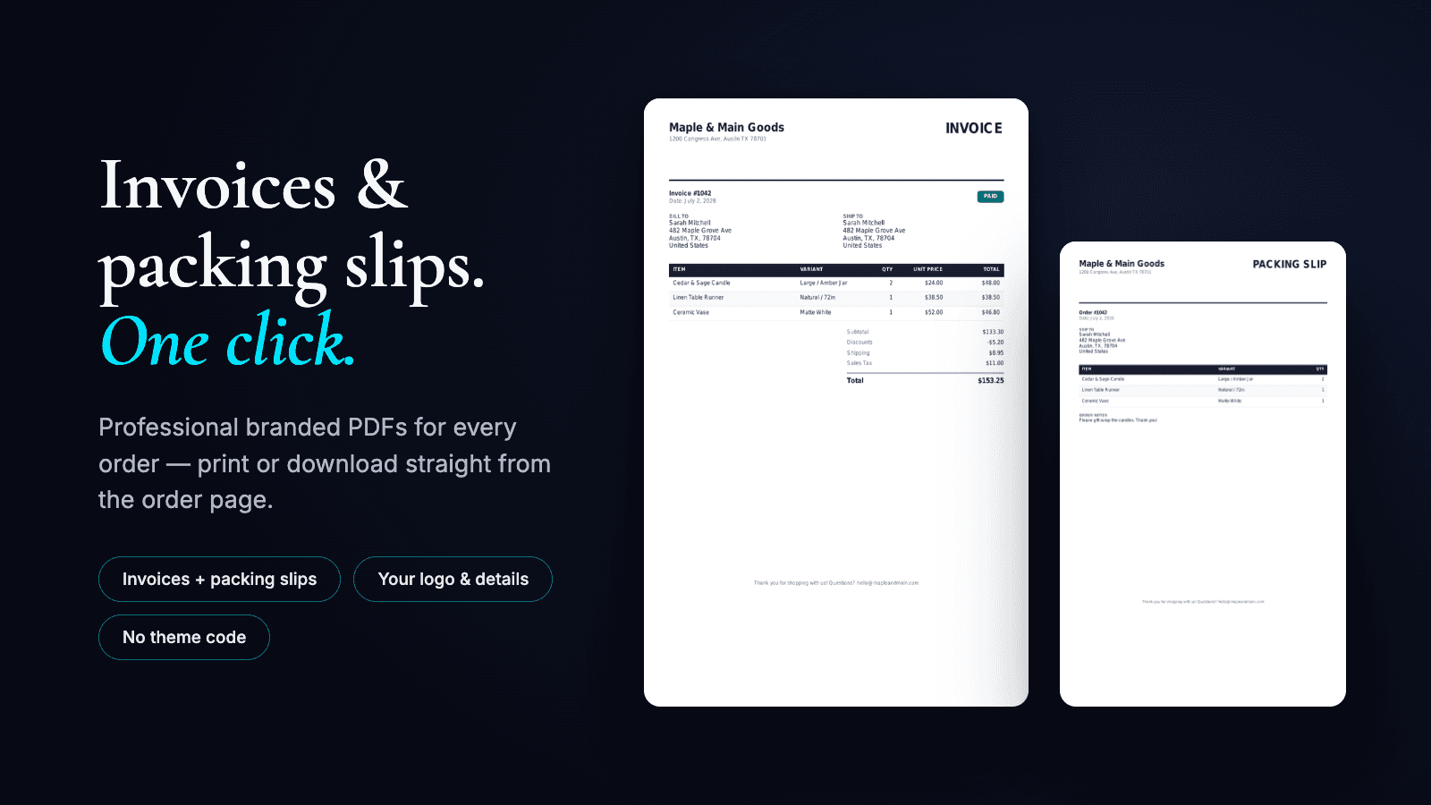 Branded FlatInvoice invoice and packing slip PDFs