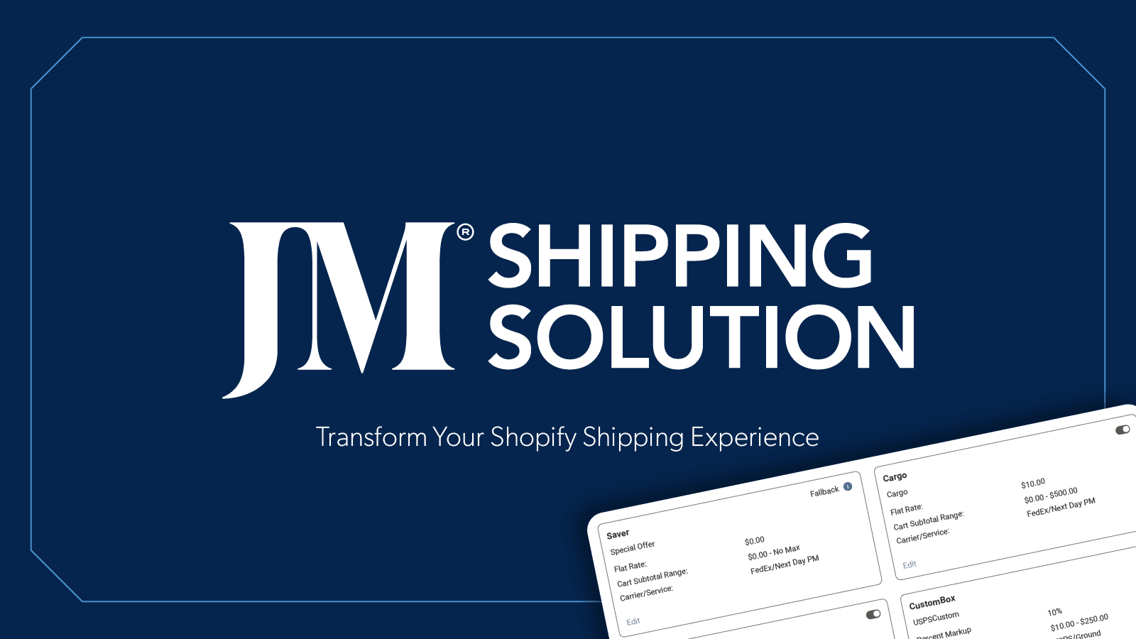 Image with blue background that says "JM Shipping Solution"