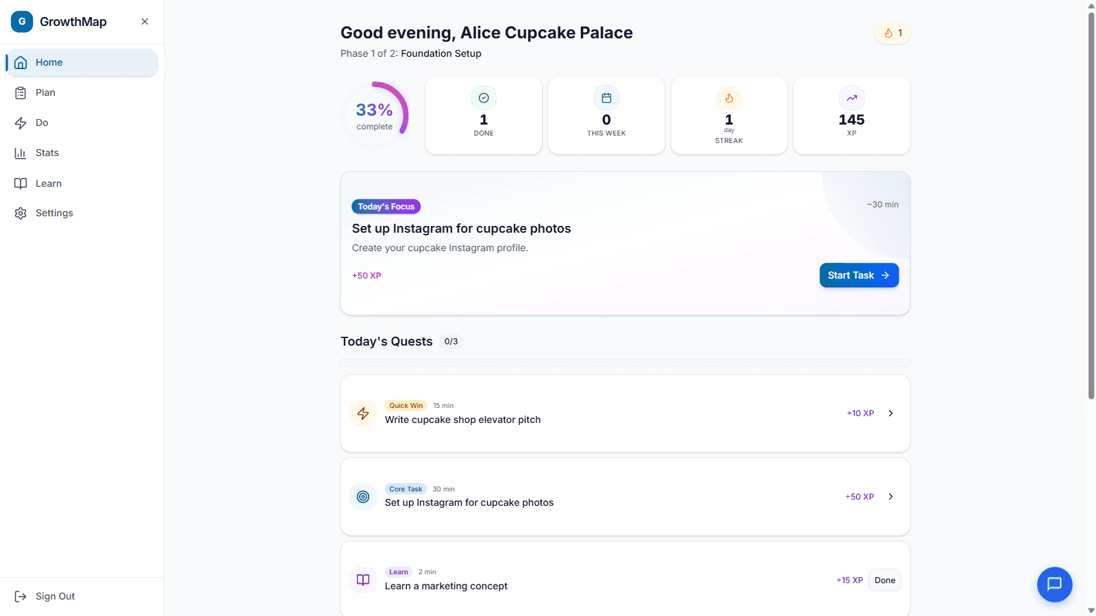 GrowthMap dashboard with daily task, XP, streak, and quests