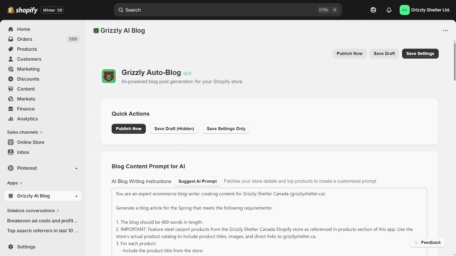 Grizzly AI-Powered Blog Generation Home Screen 1