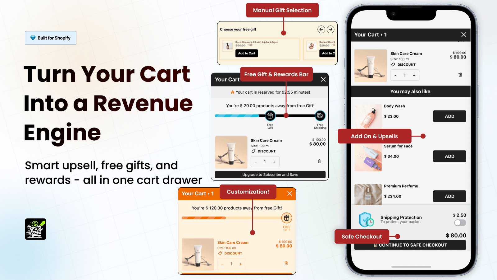 Slide cart Drawer with Cart Upsell & Cross-sell & Free Gifts