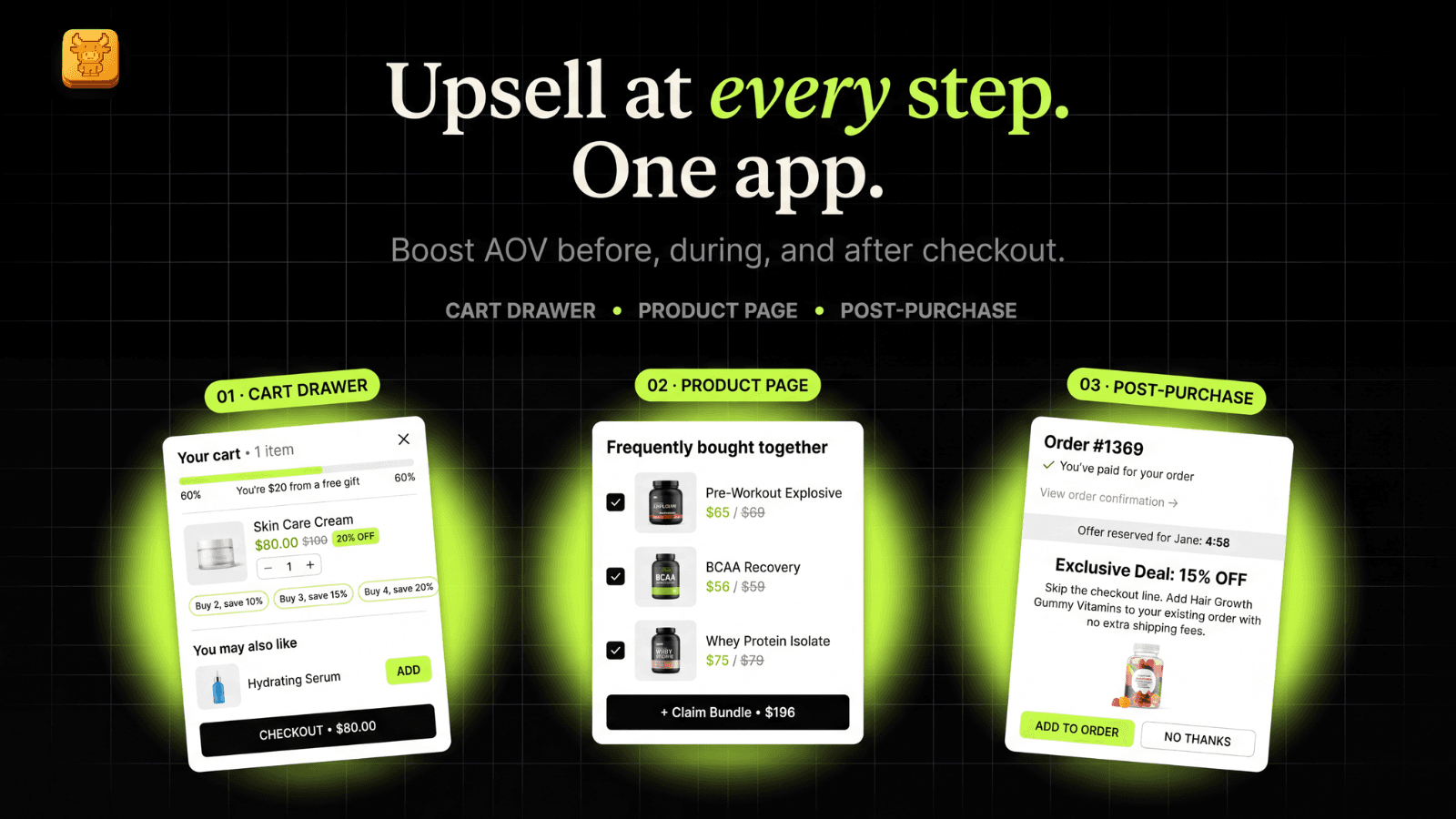 Shopify upsell app: cart drawer, product, post-purchase AOV