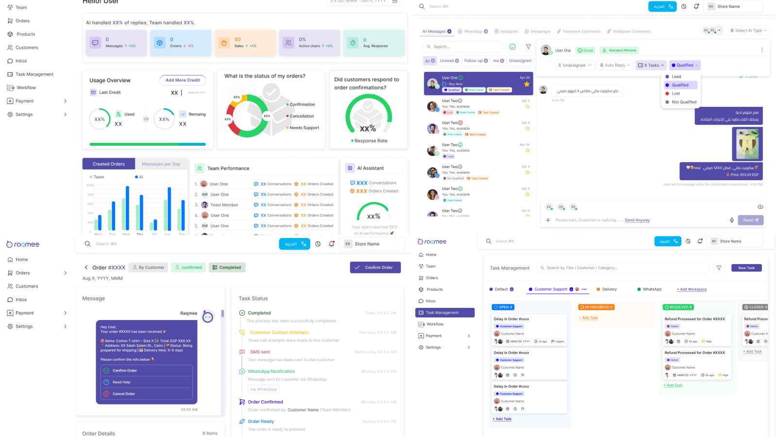 Raqmee dashboard, AI inbox, order flow, and task board together.