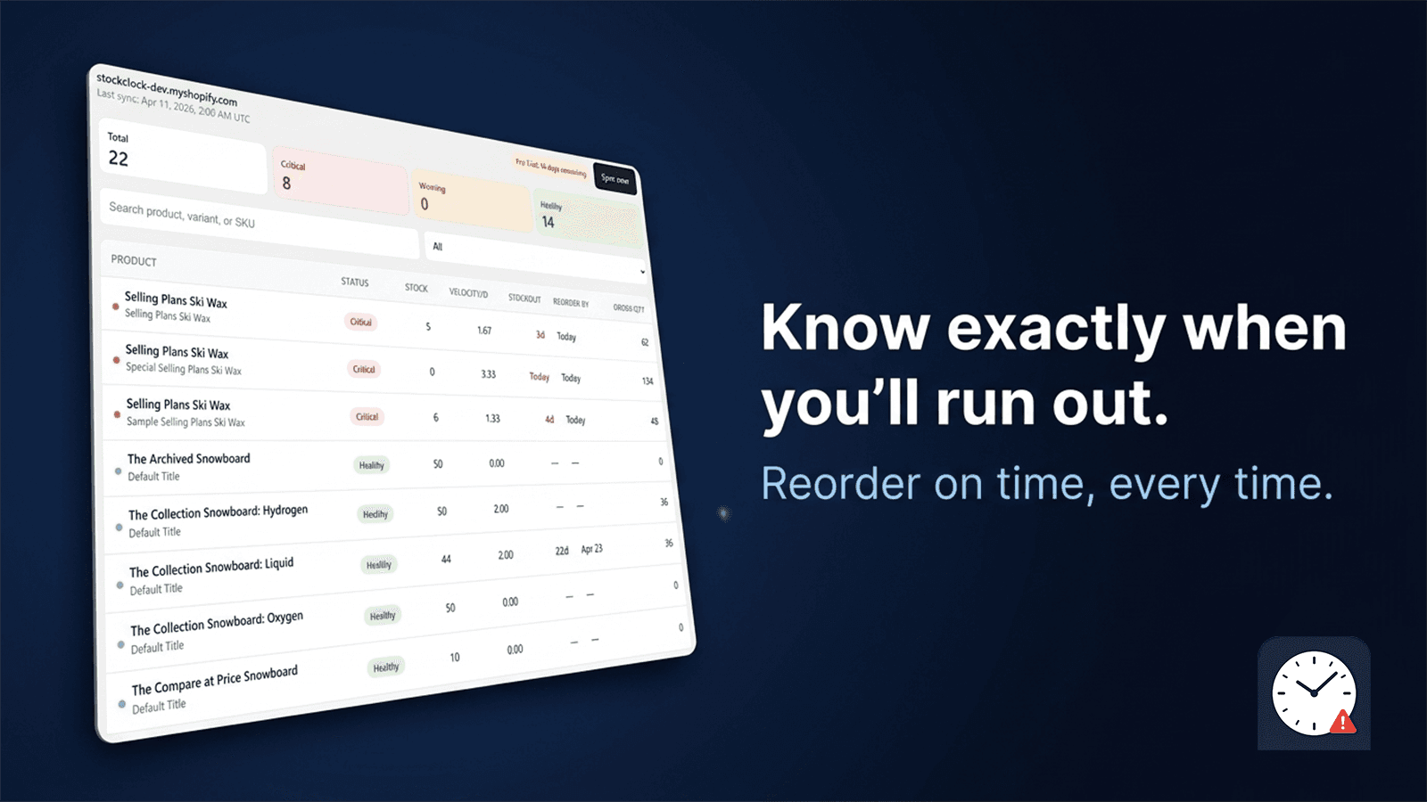 StockClock dashboard with stockout dates and reorder alerts
