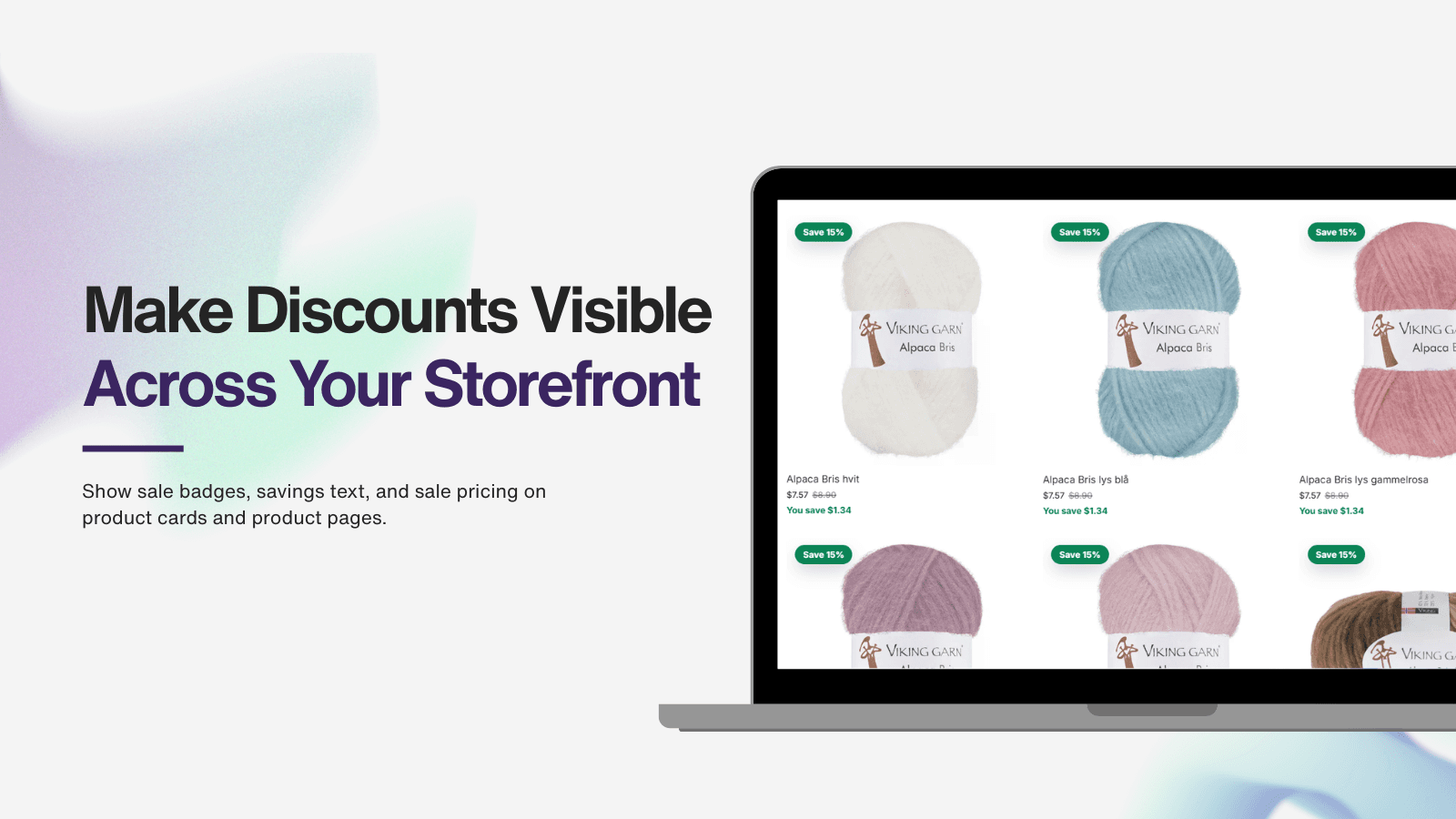 Products showing discount badges, savings, and sale pricing.