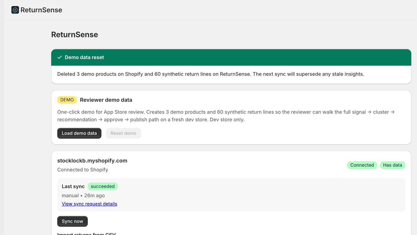 ReturnSense overview dashboard with return insights