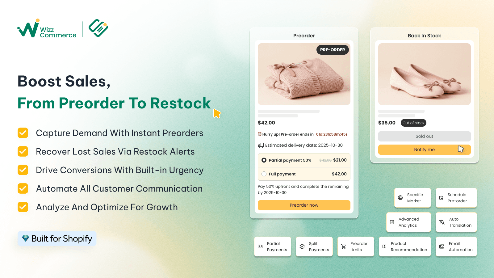 Preorder, Back in stock, Notify me, Partial payment, Restock