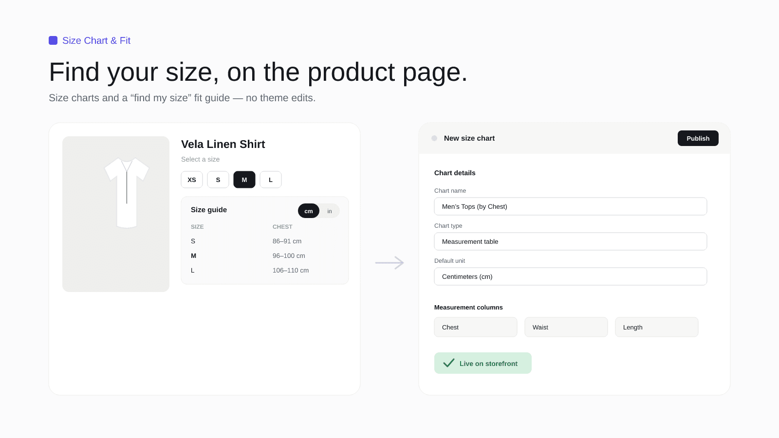 Size charts and a find-my-size fit guide on product pages
