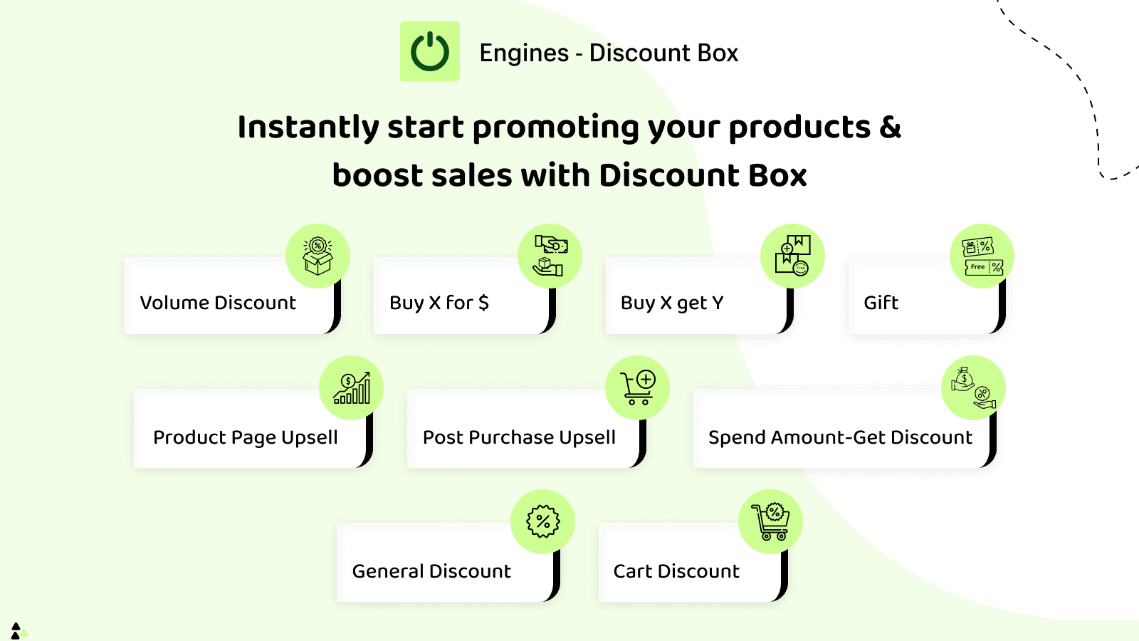 Volume Discount, Buy X Get Y, Upsell, Cart Discount, Gift